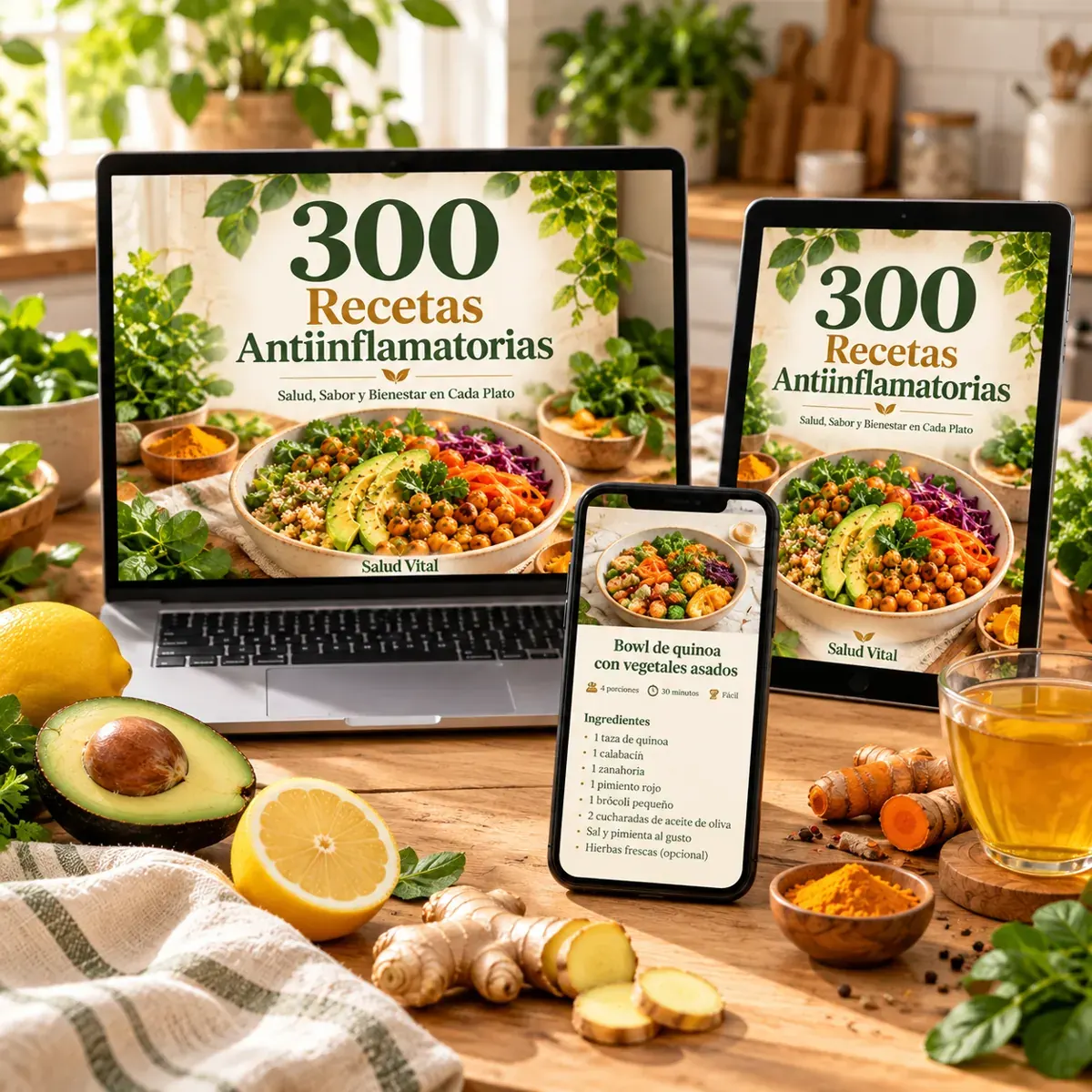 Recetario digital 300 Recetas Antiinflamatorias en una tablet, rodeado de ingredientes frescos