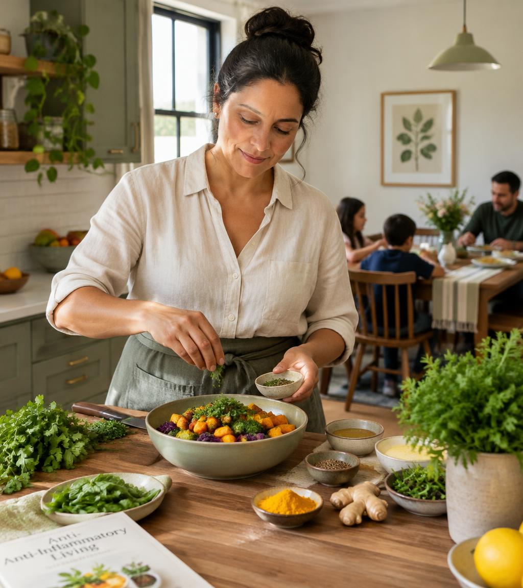 Mujer preparando un plato antiinflamatorio en su cocina mientras su familia espera en la mesa